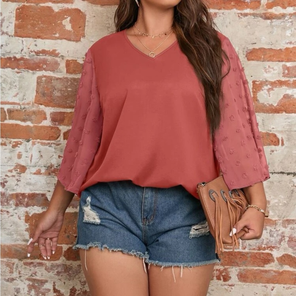 Plus size dusty pink Swiss dot sleeve V neck blouse - Picture 5 of 16